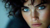 Young woman with striking blue eyes and dark curly hair gazes directly at camera with serious expression. Portrait suitable for beauty, cosmetics, wellness and editorial projects.