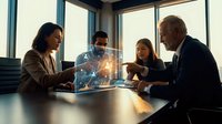 Business team analyzing holographic data visualization in modern conference room with diverse professionals collaborating on digital analytics project.
