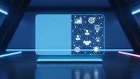 Futuristic holographic display screen with business analytics icons floating in blue digital space for technology presentations and data visualization.