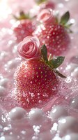 Fresh strawberry and pink rose with water drops in soft dreamy light, romantic food composition on pink background with bokeh effect.