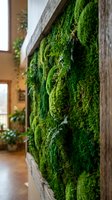 Living moss wall installation in modern interior space with natural wood frame creating biophilic design element for sustainable home decor.