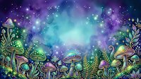 Enchanted forest floor with glowing mushrooms, magical plants, and luminous particles creating a mystical nighttime woodland atmosphere with purple and turquoise light effects.