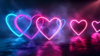 Glowing neon heart shapes with pink and blue colors reflecting on wet surface against dark background create romantic atmosphere with smoke effects and light trails.
