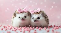 Two adorable hedgehogs wearing pink bows against pink background with hearts and bokeh lights, sweet romantic composition for greeting cards and valentines.