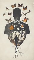 Surreal double exposure silhouette of man merged with tree roots and monarch butterflies, showing inner transformation and connection to nature on textured background.