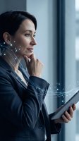 Professional Asian businesswoman using digital tablet with futuristic network connections overlay in modern office environment for technology presentations.