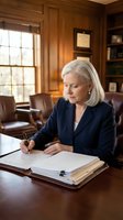Senior woman with white hair, Caucasian ethnicity, wearing dark blazer, signing documents at wooden desk in traditional office library setting with leather chairs and bookshelves.