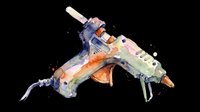 Hot glue gun with watercolor paint splashes isolated on transparent background, ready for t-shirt design, clipart, stickers, sublimation and print-on-demand projects.