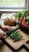 Hands chopping fresh herbs on wooden cutting board with artisan bread and basket of organic vegetables by kitchen window for healthy cooking preparation.