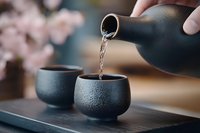 Hands pouring tea from ceramic teapot into traditional cups during peaceful tea ceremony with cherry blossoms in soft focus background.