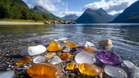 Colorful healing crystals and stones on shore of mountain lake with majestic fjord landscape, dramatic peaks and clouds reflecting in calm water. Nature meditation.