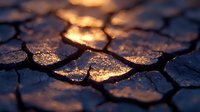 Dramatic close-up of cracked dry soil texture at sunset with golden sunlight reflecting off rough surface patterns, creating contrast between light and deep shadows.
