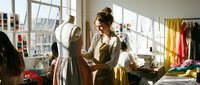 Young female fashion designer working in bright studio with mannequins and colorful fabrics. Creative professional sketching designs in modern atelier workspace.