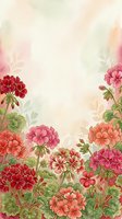 Watercolor geranium flowers border frame with soft pastel background and copy space for text, greeting cards, invitations and floral design projects.