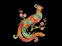Colorful ornate phoenix bird on cherry blossom branch, isolated on transparent background, ready for t-shirts, stickers, sublimation, and print on demand design use.