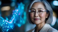 Confident mature Asian businesswoman with silver hair and glasses smiling against blurred blue bokeh lights background, portraying success and leadership.