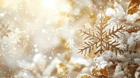 Golden snowflake ornament hanging against soft bokeh background with falling snow, creating festive winter holiday atmosphere.