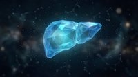 Digital polygonal liver organ with glowing blue wireframe structure floating in dark space with particles for medical and healthcare concepts.