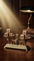 Vintage brass balance scale with wooden business symbol cubes on office desk. Concept of weighing financial decisions and commercial strategy choices.