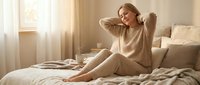 Woman in her thirties with light skin tone, wearing casual beige clothing, relaxing on bed in bright bedroom with natural sunlight. Suitable for wellness, lifestyle and home decor content.