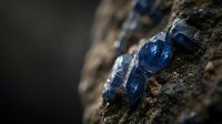 Blue mineral crystals embedded in dark rock formation with natural geological texture and metallic luster for mining and earth science concepts.