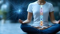 Young Asian woman in lotus position with chakra points glowing along spine, practicing meditation against blue cosmic background with light burst.