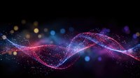 Abstract digital wave with glowing particles and bokeh lights on dark background. Futuristic data flow visualization with pink and blue neon colors.