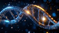 Glowing DNA molecule structure with sparkling particles and blue bokeh lights on dark background, scientific genetic concept for medical research and biology.