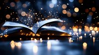 Open book with magical glowing sparkles rising from pages against dark background with blurred bokeh lights creating mystical atmosphere for fantasy and education concepts.