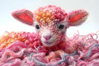 Colorful fluffy lamb with pink and orange curly wool, large ears and sweet expression against soft pastel background. Ideal for nursery art.