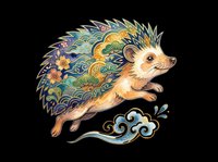 Adorable hedgehog with ornate patterned quills in blue, gold, and green tones, isolated on transparent background. Ready for t-shirts, stickers, clipart, sublimation, and print-on-demand designs.