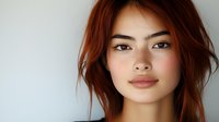 Young woman with auburn hair and freckles against minimal white background, natural makeup look highlighting her features.