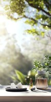 Serene morning composition with essential oil bottle, glass storage jar and white crystals on plate against sunlit garden background, perfect for wellness content.