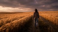 Young woman in plaid shirt walking through golden wheat field at sunset with dramatic cloudy sky, rural agriculture landscape for harvest season concepts.