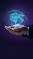 Businessman holding glowing neon sound wave and microphone hologram above open palms against dark purple background, representing audio technology, voice recognition, or podcast production.