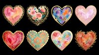 Watercolor heart clipart set with gold details, isolated on transparent background. Eight decorative hearts for Valentine's Day, stickers, t-shirt design, and print on demand.