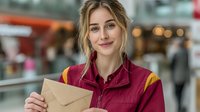 Young blonde woman postal worker holding envelope in busy mail sorting facility with warm smile and professional uniform for shipping services.