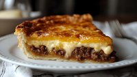 Close-up of homemade meat pie slice with melted cheese topping on white plate, showing layered filling and golden brown crust, comfort food photography.