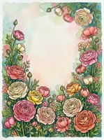 Watercolor floral frame with ranunculus flowers and green leaves on soft pastel background. Spring garden border design for wedding invitations and greeting cards.
