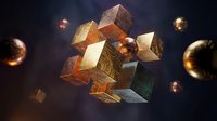 Abstract geometric cube puzzle floating in cosmic space with glowing spheres and metallic textures for futuristic technology concepts.