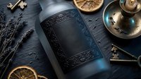 Vintage dark blue spell book with ornate cover surrounded by mystical elements, dried lavender, brass scales and candles on wooden surface.
