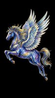 Ornate blue and gold Pegasus with spread wings, isolated on transparent background, ready for t-shirt design, stickers, clipart, and print on demand use.