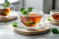 Fresh mint tea served in transparent glass cup on wooden coaster. Aromatic herbal beverage with green leaves in natural morning light. Calming drink photography.