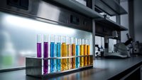 Laboratory test tubes with colorful chemical solutions arranged on modern lab bench for scientific research and experimentation in professional setting.
