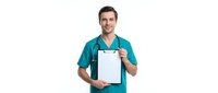 Male healthcare professional with Caucasian ethnicity wearing teal scrubs holding blank clipboard on white background for medical and clinical use.