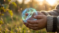 Hands holding glowing plant sprout in protective sphere symbolizing environmental care, sustainability and green technology innovation in warm sunlight.