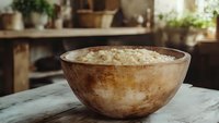 Fresh homemade cottage cheese in rustic wooden bowl on vintage kitchen table. Natural morning light creates cozy atmosphere for traditional dairy product.
