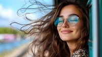 Young Caucasian woman with flowing hair and round sunglasses smiling outdoors on sunny day, reflecting carefree summer lifestyle and natural beauty in casual fashion portrait.