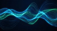 Abstract flowing wave pattern with glowing cyan and green neon lines on dark background, suitable for tech, music, and digital design projects.