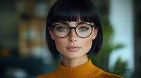 Young Asian woman with short black bob haircut and stylish glasses wearing orange turtleneck sweater against blurred background. Modern professional portrait.
